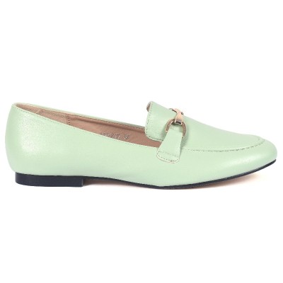 Mocassins femme BEYLER BE-100-216-VT en cuir vert pastel avec mors doré et semelle fine élégante