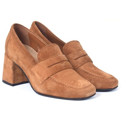 Mocassins femme en cuir camel à talon bloc
