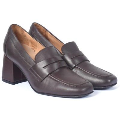 Mocassins femme en cuir marron à talon bloc