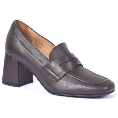 Mocassins femme en cuir marron à talon bloc