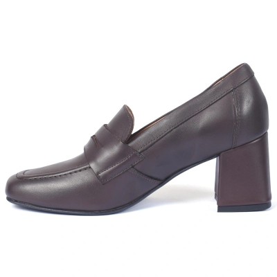 Mocassins femme en cuir marron à talon bloc
