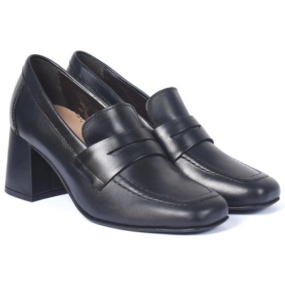 Mocassin femme en cuir noir à talon bloc