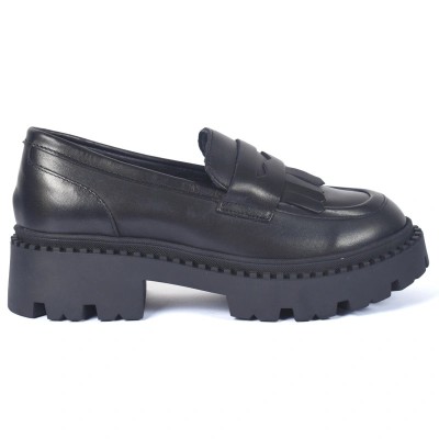 Mocassin femme en cuir noir à talon bloc