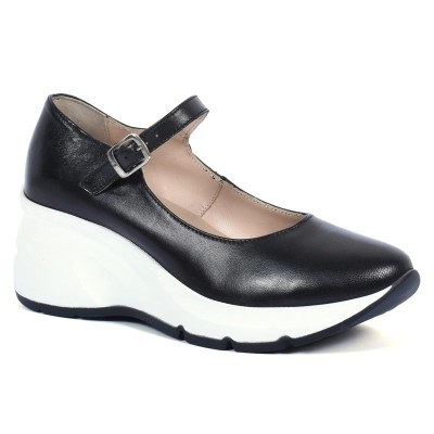 Chaussure femme en cuir noir avec bride et semelle compensée blanche