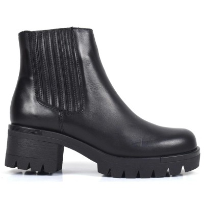 Bottine femme en cuir noir à talon épais et semelle crantée