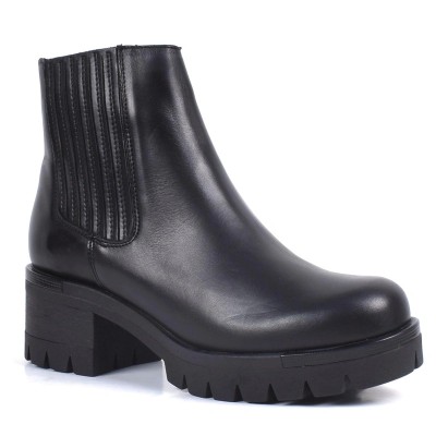 Bottine femme en cuir noir à talon épais et semelle crantée