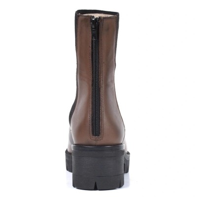 Bottine femme en cuir marron avec tissu noir extensible et talon épais cranté