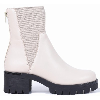 Bottine femme en cuir beige avec tissu clair extensible et talon épais cranté