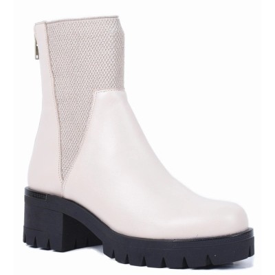 Bottine femme en cuir beige avec tissu clair extensible et talon épais cranté