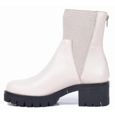 Bottine femme en cuir beige avec tissu clair extensible et talon épais cranté