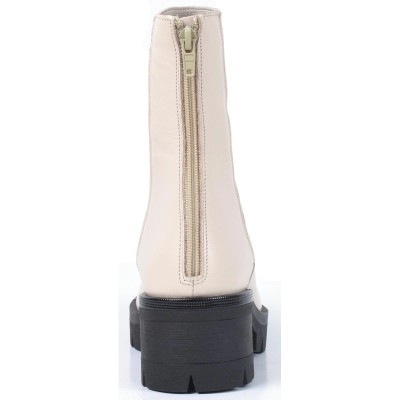 Bottine femme en cuir beige avec tissu clair extensible et talon épais cranté