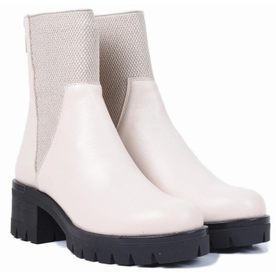 Bottine femme en cuir beige avec tissu clair extensible et talon épais cranté