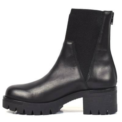 Bottine femme en cuir noir avec tissu extensible et talon épais cranté