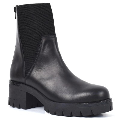 Bottine femme en cuir noir avec tissu extensible et talon épais cranté