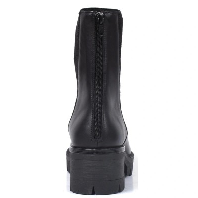 Bottine femme en cuir noir avec tissu extensible et talon épais cranté