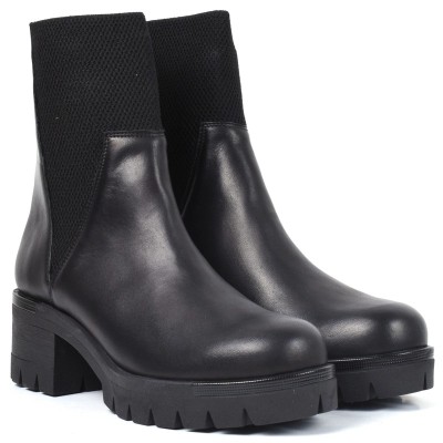 Bottine femme en cuir noir avec tissu extensible et talon épais cranté