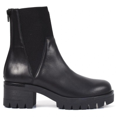 Bottine femme en cuir noir avec tissu extensible et talon épais cranté