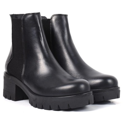 Bottine femme en cuir noir avec élastique latéral et talon épais cranté