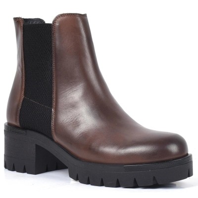 Bottine femme en cuir marron foncé avec élastique latéral et talon épais cranté