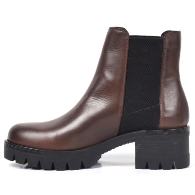 Bottine femme en cuir marron foncé avec élastique latéral et talon épais cranté