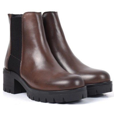 Bottine femme en cuir marron foncé avec élastique latéral et talon épais cranté