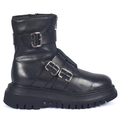 Bottine femme en cuir noir avec boucles métalliques et semelle épaisse crantée Andrea bruni