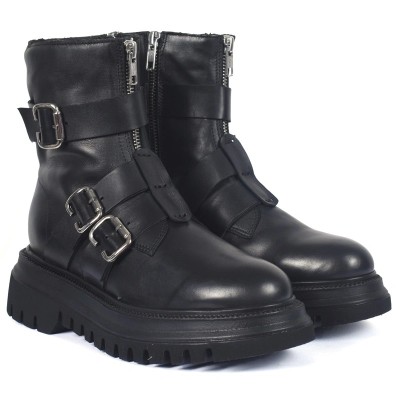 Bottine femme en cuir noir avec boucles métalliques et semelle épaisse crantée Andrea bruni