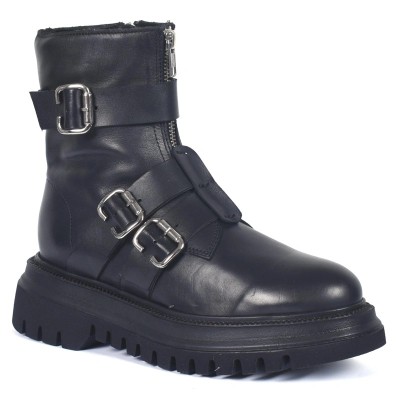 Bottine femme en cuir noir avec boucles métalliques et semelle épaisse crantée Andrea bruni