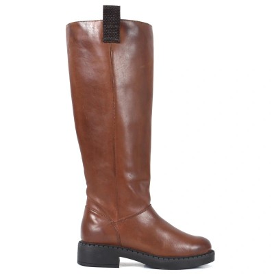 Botte femme en cuir cognac avec fermeture latérale et semelle noire antidérapante