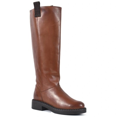Botte femme en cuir cognac avec fermeture latérale et semelle noire antidérapante