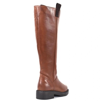 Botte femme en cuir cognac avec fermeture latérale et semelle noire antidérapante
