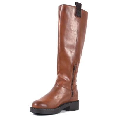 Botte femme en cuir cognac avec fermeture latérale et semelle noire antidérapante