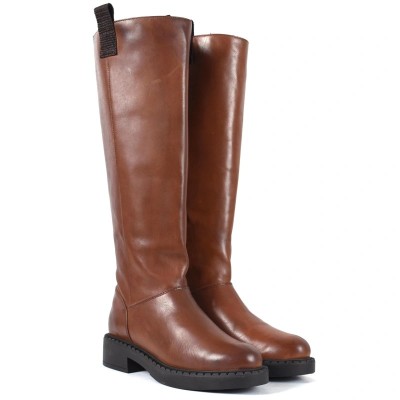 Botte femme en cuir cognac avec fermeture latérale et semelle noire antidérapante