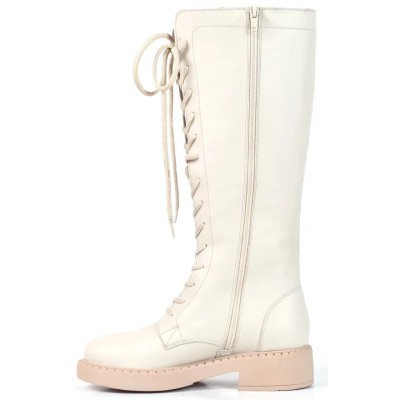 Botte femme en cuir beige avec lacets et semelle claire épaisse