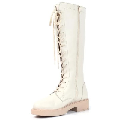 Botte femme en cuir beige avec lacets et semelle claire épaisse