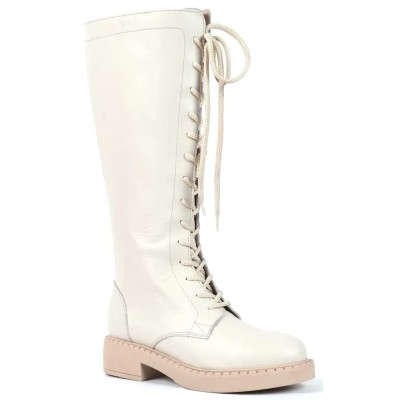 Botte femme en cuir beige avec lacets et semelle claire épaisse