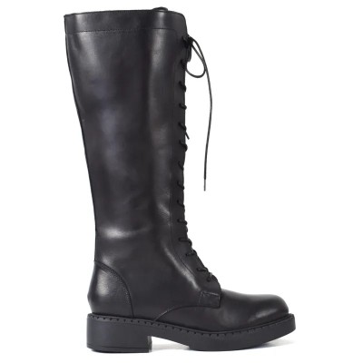Botte femme en cuir noir avec lacets et semelle noire épaisse