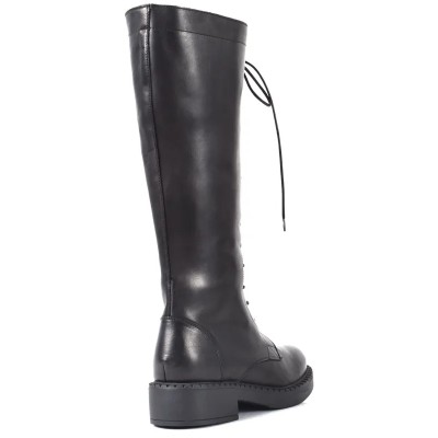 Botte femme en cuir noir avec lacets et semelle noire épaisse