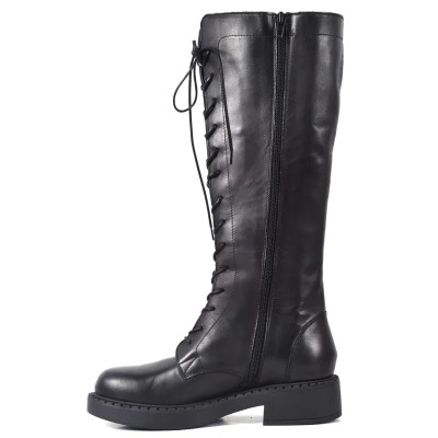 Botte femme en cuir noir avec lacets et semelle noire épaisse