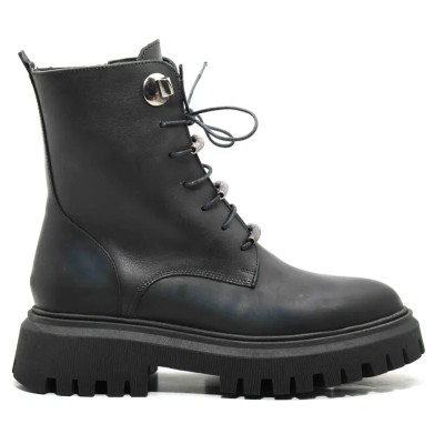 Bottines femme MISS CLAUDIA MC-5201-N en cuir noir avec lacets et semelle épaisse crantée