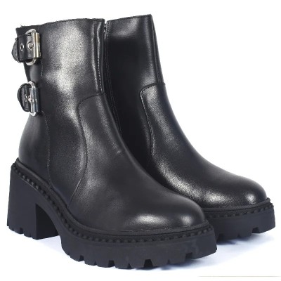 Bottines noires à talon épais avec doubles boucles argentées – Andrea Bruni