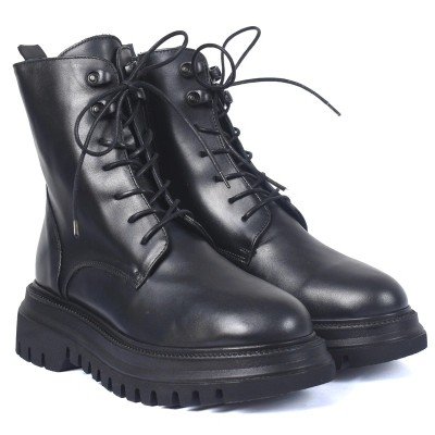 Boots femme en cuir noir zippé à lacets et semelle crantée – Andrea Bruni AB-574-2-N