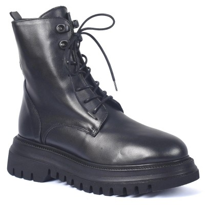 Boots femme en cuir noir zippé à lacets et semelle crantée – Andrea Bruni AB-574-2-N