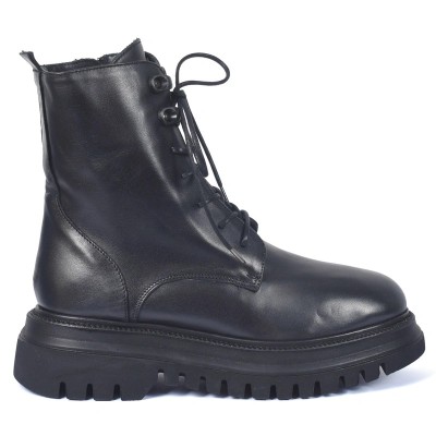 Boots femme en cuir noir zippé à lacets et semelle crantée – Andrea Bruni AB-574-2-N