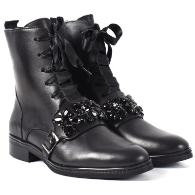 Boots femme en cuir noir zippé avec lacets et strass décoratifs – Miss Claudia MC-4063-MTF-N