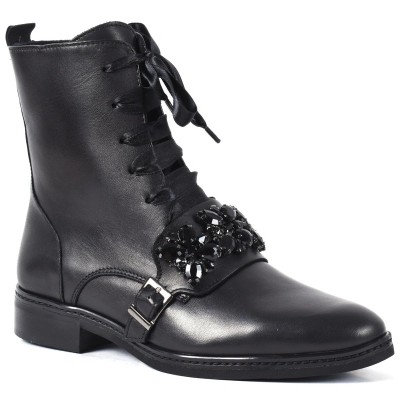Boots femme en cuir noir zippé avec lacets et strass décoratifs – Miss Claudia MC-4063-MTF-N