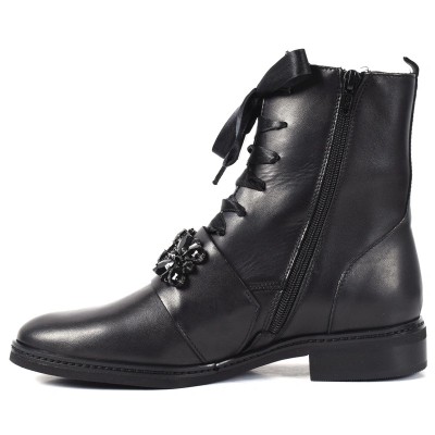 Boots femme en cuir noir zippé avec lacets et strass décoratifs – Miss Claudia MC-4063-MTF-N