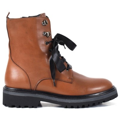 Boots femme à lacets en cuir marron zippé avec semelle crantée – Miss Claudia MC-4054-3613-MTF-M