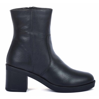 Boot femme en cuir noir Andrea Bruni AB-9090-2, talon bloc, bout rond, fermeture zip latérale.