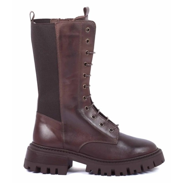 BOOTS FEMME CUIR MARRON COMPENSÉES À LACETS